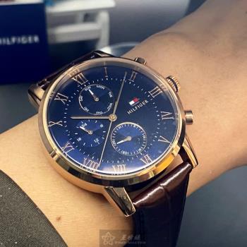 TommyHilfiger手錶, 男女通用錶 44mm 玫瑰金圓形精鋼錶殼 寶藍色簡約, 三眼, 羅馬數字錶面款 TH00009