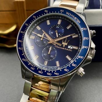 MASERATI手錶, 男錶 44mm 寶藍圓形精鋼錶殼 寶藍色三眼羅馬數字中三針顯示精密刻度錶面款 R8873640012