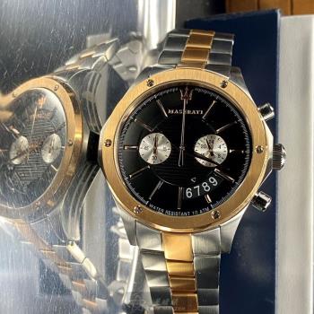 MASERATI手錶, 男錶 46mm 玫瑰金六角形精鋼錶殼 黑色中三針顯示, 雙眼錶面款 R8873627004