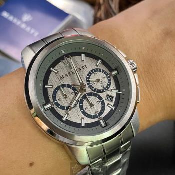 MASERATI手錶, 男錶 44mm 銀圓形精鋼錶殼 槍灰藍三眼, 運動, 木紋錶面款 R8873621006