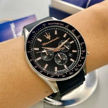 MASERATI手錶, 男女通用錶 44mm 銀黑色圓形精鋼錶殼 黑色三眼中三針顯示, 運動, 水鬼錶面款 R8871640002