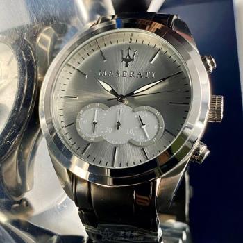 MASERATI手錶, 男錶 46mm 銀圓形精鋼錶殼 銀白色三眼, 中三針顯示, 運動錶面款 R8871612012