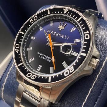 MASERATI手錶, 男錶 44mm 黑銀圓形精鋼錶殼 寶藍色簡約, 潛水錶, 水鬼, 可旋轉錶面款 R8853140001