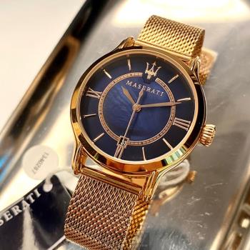 MASERATI 瑪莎拉蒂女錶 34mm 玫瑰金圓形精鋼錶殼 寶藍色羅馬數字, 貝母錶面款 R8853118503