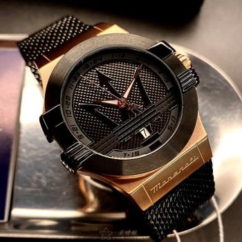 MASERATI 瑪莎拉蒂男女通用錶 42mm 玫瑰金六角形精鋼錶殼 黑色中三針顯示, 大三叉錶面款 R8853108010