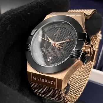 MASERATI 瑪莎拉蒂男錶 42mm 玫瑰金六角形精鋼錶殼 黑色中三針顯示, 運動錶面款 R8853108009