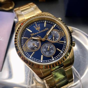 MASERATI 瑪莎拉蒂男錶 42mm 金色圓形精鋼錶殼 寶藍色三眼, 中三針顯示錶面款 R8853100026