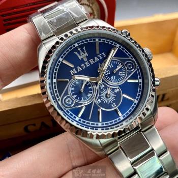MASERATI 瑪莎拉蒂男錶 44mm 銀圓形精鋼錶殼 寶藍色三眼, 運動錶面款 R8853100009