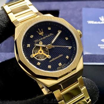MASERATI 瑪莎拉蒂男錶 46mm 金色八角形精鋼錶殼 寶藍色鏤空, 中三針顯示錶面款 R8823140006
