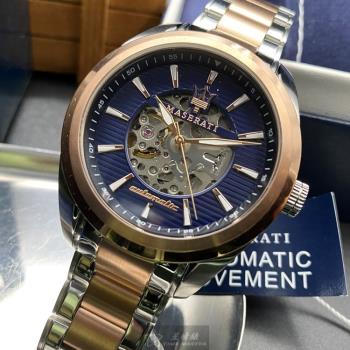 MASERATI手錶, 男錶 46mm 玫瑰金圓形精鋼錶殼 藍金銀三色鏤空, 中三針顯示, 運動錶面款 R8823112005