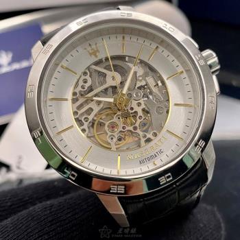 MASERATI手錶, 男錶 46mm 銀圓形精鋼錶殼 白色雙面機械鏤空鏤空中三針顯示錶面款 R8821119002