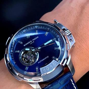 GiorgioFedon1919手錶, 男錶 46mm 銀圓形精鋼錶殼 寶藍色簡約, 潛水錶, 鏤空, 運動, 透視錶面款 GF00008