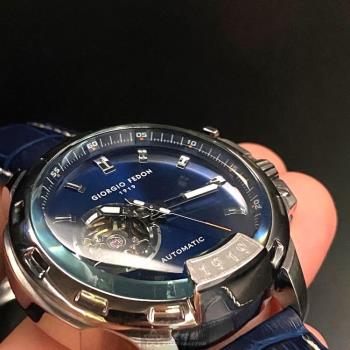 GiorgioFedon1919 喬治飛登男錶 46mm 銀圓形精鋼錶殼 寶藍色簡約, 潛水錶, 鏤空, 運動, 透視錶面款 GF00008