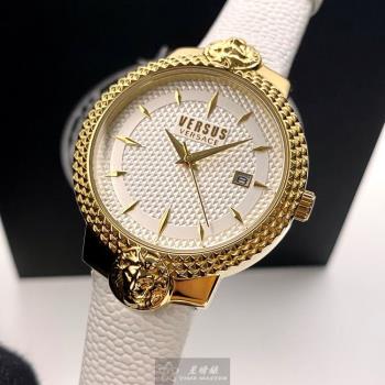 VERSUS VERSACE 凡賽斯女錶 38mm 金色圓形精鋼錶殼 白色中三針顯示, 幾何立體錶面款 VV00117
