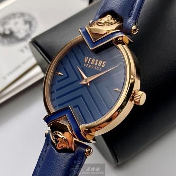 VERSUS VERSACE 凡賽斯女錶 34mm 玫瑰金圓形精鋼錶殼 寶藍色中二針顯示, 幾何立體錶面款 VV00080