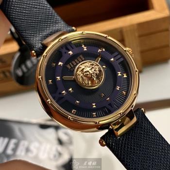VERSUS VERSACE 凡賽斯女錶 38mm 玫瑰金精鋼錶殼 深紫藍時分中二針顯示, 幾何立體錶面款 VV00064