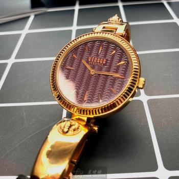 VERSUS VERSACE 凡賽斯女錶 34mm 玫瑰金圓形精鋼錶殼 香檳紅簡約, 波浪錶面款 VV00302