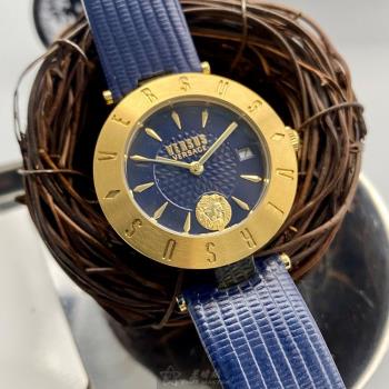 VERSUS VERSACE 凡賽斯女錶 34mm 金色圓形精鋼錶殼 寶藍色中三針顯示, 幾何圖形錶面款 VV00335