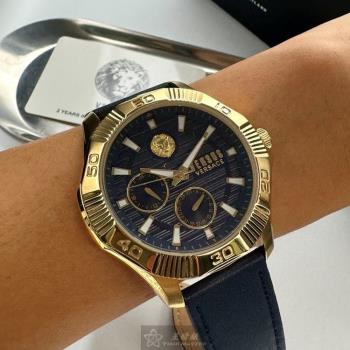 VERSUS VERSACE手錶, 男錶 48mm 金色六角形精鋼錶殼 寶藍色中三針顯示, 雙眼錶面款 VV00368