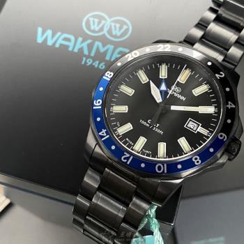 WAKMANN手錶, 男錶 44mm 黑圓形精鋼錶殼 黑色潛水錶, 中三針顯示錶面款 WA00028