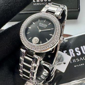 VERSUS VERSACE手錶, 女錶 34mm 銀圓形精鋼錶殼 黑色簡約, 中二針顯示錶面款 VV00390