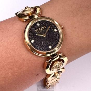 VERSUS VERSACE 凡賽斯女錶 28mm 金色圓形精鋼錶殼 黑色中二針顯示, 環形V元素設計錶面款 VV00378