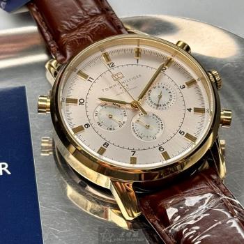 TommyHilfiger 湯米希爾費格男錶 44mm 玫瑰金圓形精鋼錶殼 白色三眼, 中三針顯示錶面款 TH00063