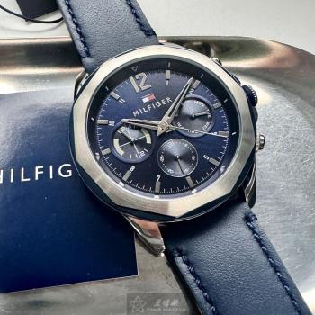 TommyHilfiger手錶, 男錶 46mm 銀藍雙色八角形精鋼錶殼 寶藍色三眼, 中三針顯示錶面款 TH00064