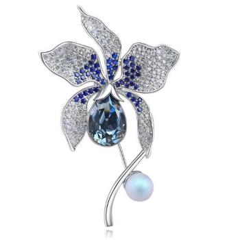 ANGEL 華麗花卉珍珠水晶耀眼鋯石2用胸針別針(銀藍色)
