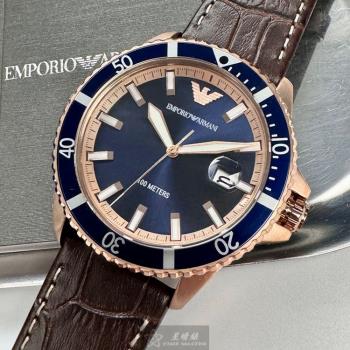 ARMANI 阿曼尼男錶 42mm 玫瑰金精鋼錶殼 寶藍色簡約, 潛水錶, 中三針顯示錶面款 AR00047