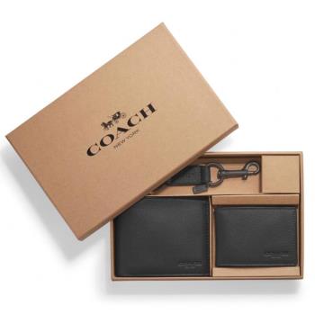 【COACH】禮盒組素面1+1荔枝紋附鑰匙圈壓印LOGO男短夾-潮流黑