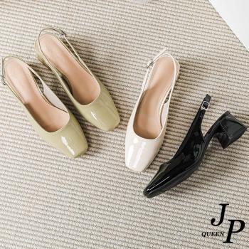 JP Queen New York 簡約漆皮方頭大小尺碼後空套腳粗跟涼鞋(3色可選)