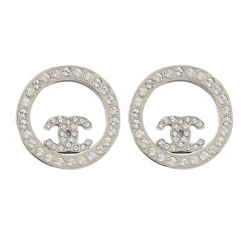 CHANEL A96562 經典雙C LOGO圓環水鑽鑲嵌耳環.銀