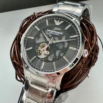 ARMANI手錶, 男錶 44mm 銀圓形精鋼錶殼 黑色鏤空, 中三針顯示錶面款 AR00054