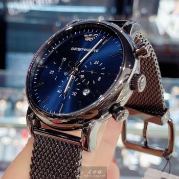 ARMANI手錶, 男錶 44mm 黑圓形精鋼錶殼 寶藍色三眼, 中三針顯示錶面款 AR00056