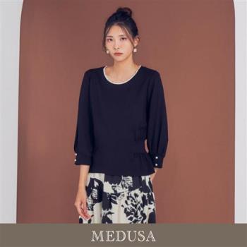 現貨【MEDUSA 曼度莎】台灣製 珍珠邊黑色收腰上衣（M-XL）｜女上衣 女長袖上衣