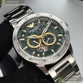 ARMANI 阿曼尼男錶 44mm 銀圓形精鋼錶殼 墨綠色機械鏤空中二針顯示, 雙眼, 運動錶面款 AR00057