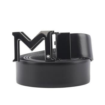 MONTBLANC 萬寶龍銀色M Logo 平滑及防刮牛皮雙面可用寬3.5cm皮帶(黑色/灰色) 131178