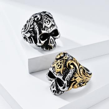 Jpqueen 復古骷髏拼色嘻哈中性鈦鋼戒指(2色戒圍可選)