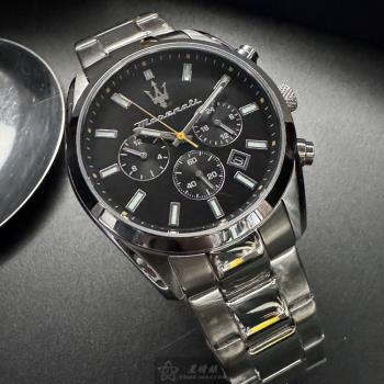 MASERATI 瑪莎拉蒂男錶 42mm 銀圓形精鋼錶殼 黑色三眼, 中三針顯示錶面款 R8853151010