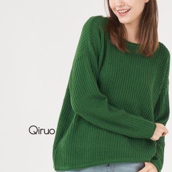 Qiruo 奇若名品 專櫃綠色小羊毛上衣 精品時尚保暖(直紋路下擺斜式造型-共三色-2008AA-70)