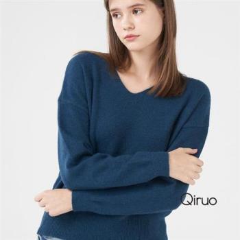 Qiruo 奇若名品 專櫃藍色小羊毛上衣 精品時尚保暖(舒適V領造型-共四色-2001AA-50)
