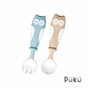 【PUKU 藍色企鵝】樂彎學習湯叉組(附收納盒)(藍米)