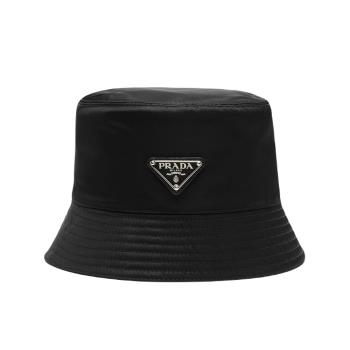 【PRADA】女款 經典銀三角logo徽標 尼龍漁夫帽-黑色(S號、M號、L號) 1HC1372DMI F0002