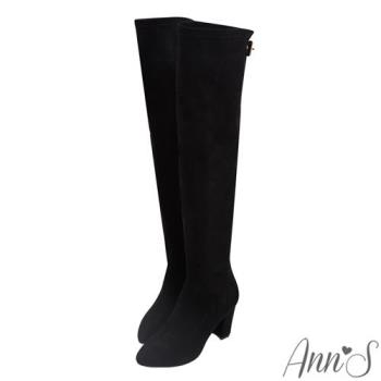Ann’S逆天長腿-防水絨布 後釦帶粗跟高跟過膝靴8cm-絨黑