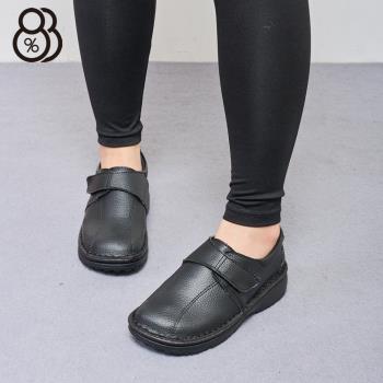 【88%】偏小 MIT台灣製 3.5cm 魔鬼氈穿脫素色小坡跟包鞋純正牛皮質鞋面 皮鞋 楔型鞋 黑色