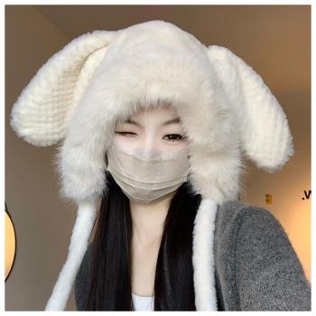 梨花HaNA 奶呼呼又輕暖．兔子耳朵毛帽子圍巾一體式保暖護耳防風