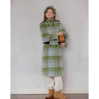 【女神婚紗禮服】抹茶綠格紋毛呢外套中長雙排扣寬鬆羊毛大衣WT23075