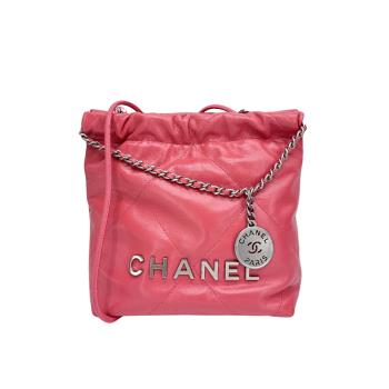 Chanel 22 mini 銀Logo菱格紋縫線小牛皮斜背包(AS3980-粉)