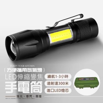 【光之寶】迷你LED伸縮變焦手電筒 USB充電款 附收納盒 強光爆閃側燈 進口燈芯 三段夾扣設計